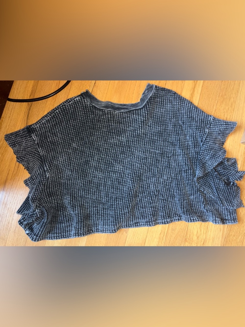 BUCKETLIST Charcoal Waffle-Knit Crewneck Cropped top with Ruffle Sleeved. - Picture 2 of 4